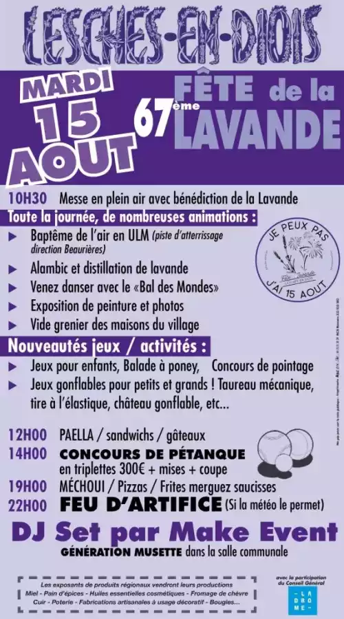 "Affiche de la Fête de la lavande 2023 à Lesches en Diois (Drôme)"